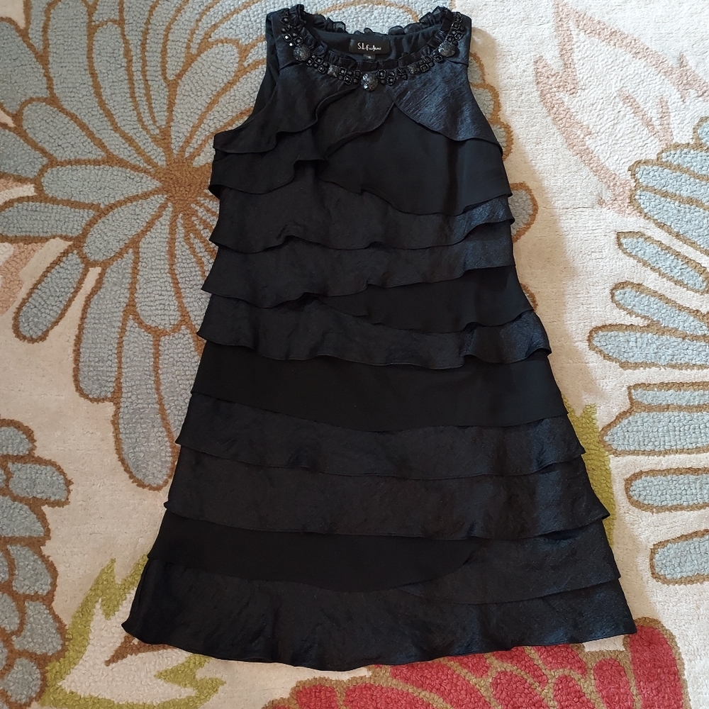 S.L. Fashions Girls Elegant Black Sleeveless Ruffle Dress Size 14